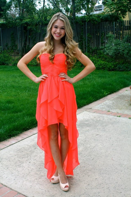 High Low Homecoming Dresses A Line Maren Chiffon Strapless Sweetheart Coral Pleated