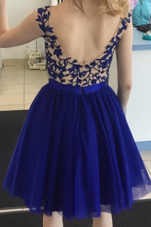 Backless Sleeveless Royal Blue A Line Homecoming Dresses Tess Tulle Appliques Pleated