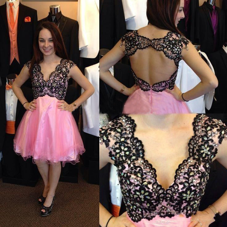 Cap Sleeve Homecoming Dresses Chana A Line Pink Lace V Neck Backless Appliques Rhinestone Organza