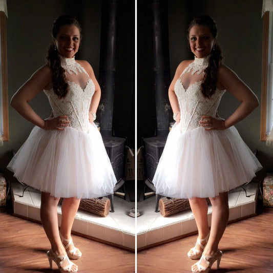 High Neck Sleeveless Sheer Ball Gown Appliques Homecoming Dresses Briley Ivory Pleated Tulle