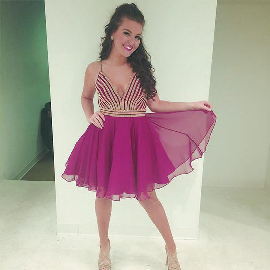 Fuchsia Pleated Deep V Neck Spaghetti Straps Homecoming Dresses A Line Jaylee Chiffon Short