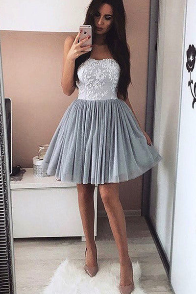 Strapless Sweetheart Appliques Sariah Homecoming Dresses A Line Tulle Pleated Grey Short