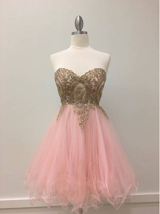 Strapless Sweetheart Organza Pleated Appliques Lainey Pink Homecoming Dresses Beading