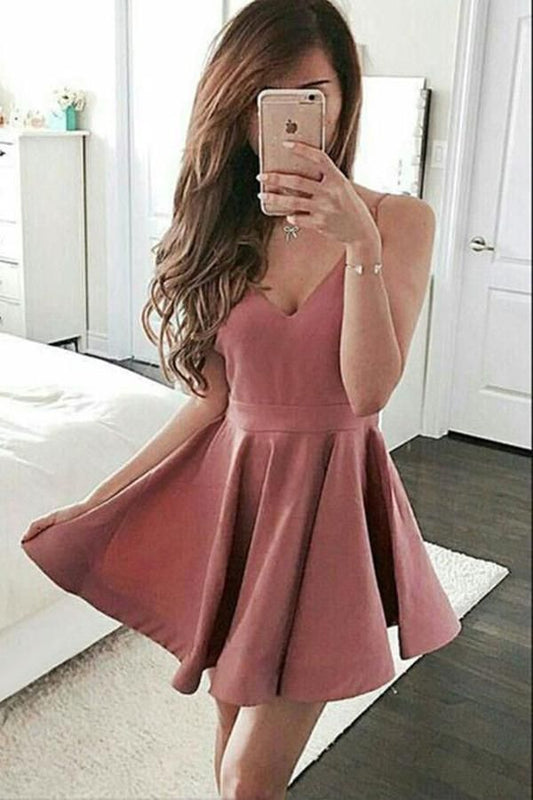 Spaghetti Straps V Neck Pleated Dusty Rose Homecoming Dresses A Line Ainsley Satin Short Simple