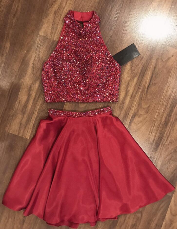 Halter Two Pieces Satin Isabel Homecoming Dresses A Line Sleeveless Red Beading Pleated Short