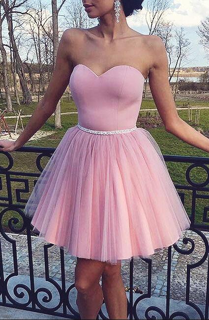 Strapless Sweetheart Ball Gown Homecoming Dresses Pink Mariam Pleated Tulle Short