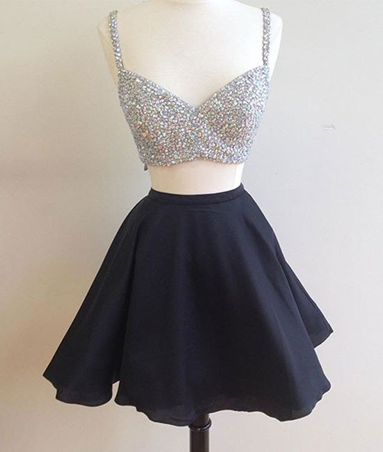 Beading Spaghetti Homecoming Dresses Chiffon A Line Two Pieces Penelope Straps V Neck Short