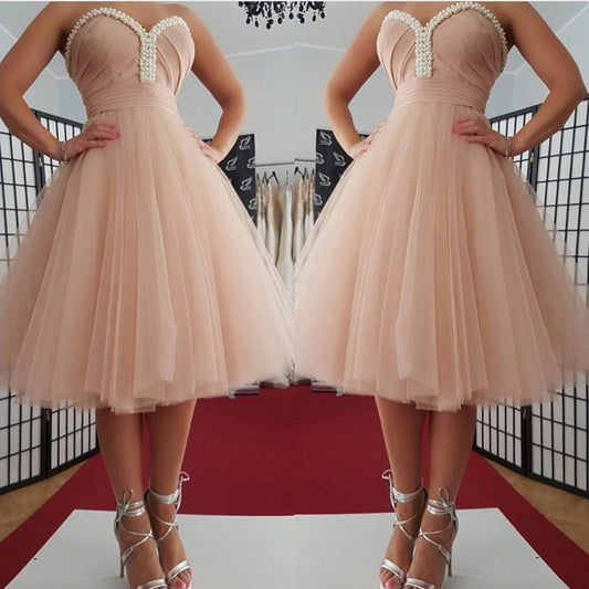 Pearls Strapless Homecoming Dresses Madilynn A Line Sweetheart Backless Tulle Pleated Ruched