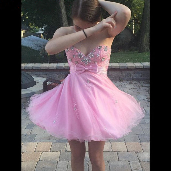 Organza Strapless Sabrina Homecoming Dresses Pink Sweetheart Rhinestone Bowknot Backless Short