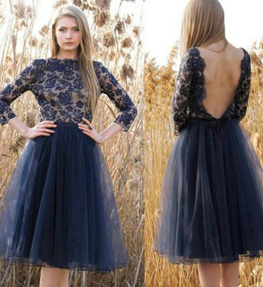 Jewel Long Sleeve Dark Navy Backless Homecoming Dresses A Line Lace Denisse Flowers Tulle Pleated