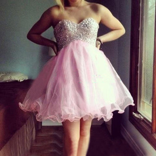 Organza Pleated Strapless Sweetheart Beading Homecoming Dresses Pink Rosa A Line Short