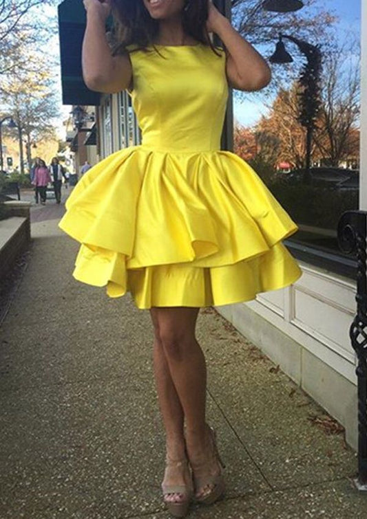 Homecoming Dresses Rosalyn Jewel Sleeveless Short Tiered Pleated Taffeta Daffodil Simple Ball Gown