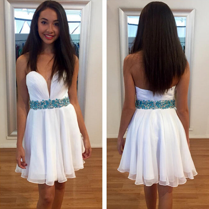 Sweetheart White Homecoming Dresses A Line Theresa Chiffon Strapless Backless Pleated Rhinestone