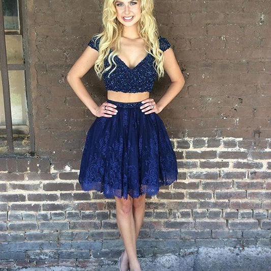 Cap Sleeve Deep Zoey Lace Two Pieces A Line Homecoming Dresses V Neck Dark Navy Beading