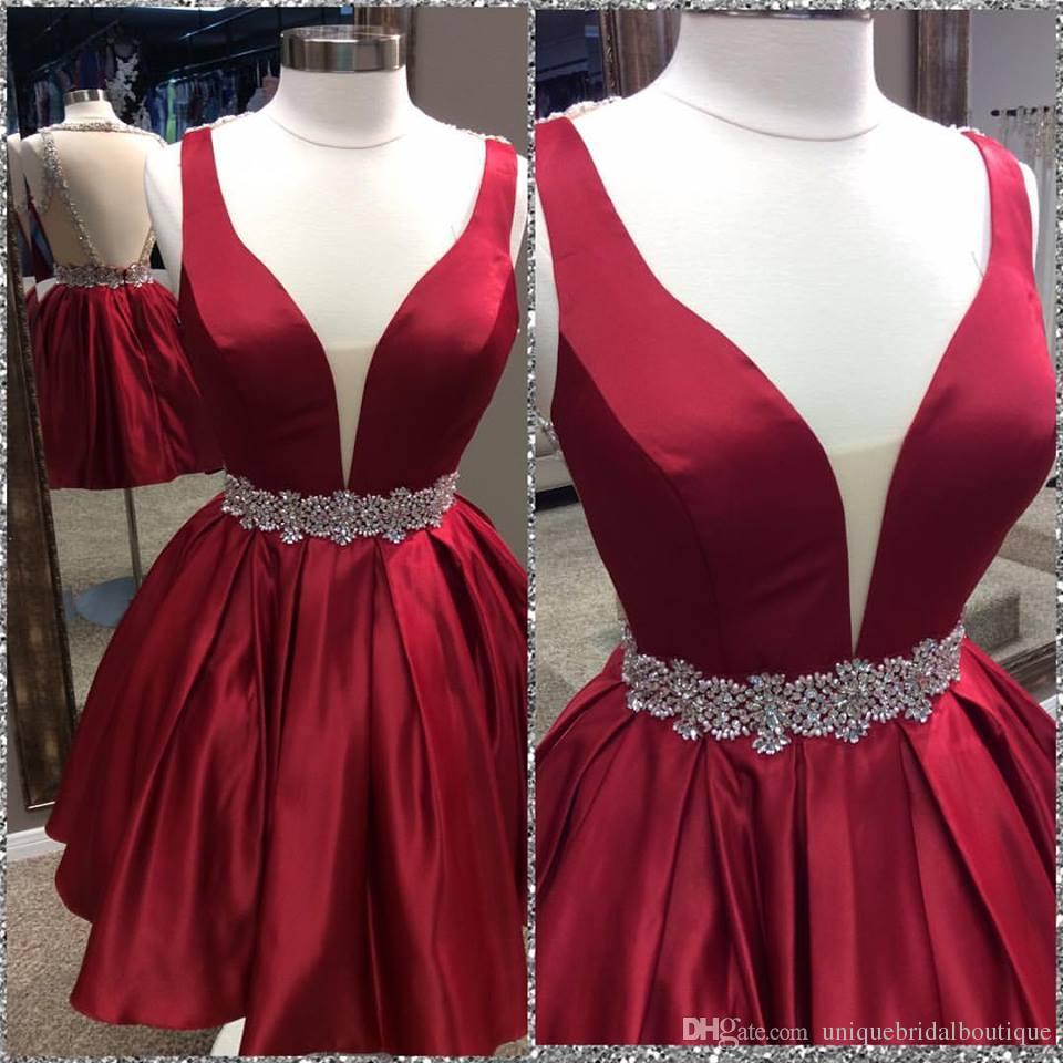 Deep V Satin Homecoming Dresses Jaylee Neck Sleeveless Burgundy Ball Gown Pleated Backless