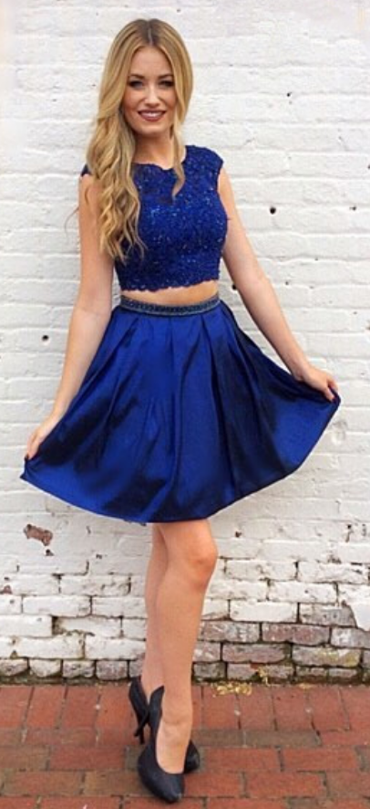 Cap Sleeve Pleated A Line Melody Royal Blue Satin Homecoming Dresses Two Pieces Appliques Short