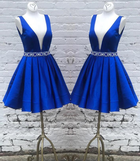 Deep V Neck Homecoming Dresses Satin A Line Royal Blue Mia Sleeveless Pleated Rhinestone