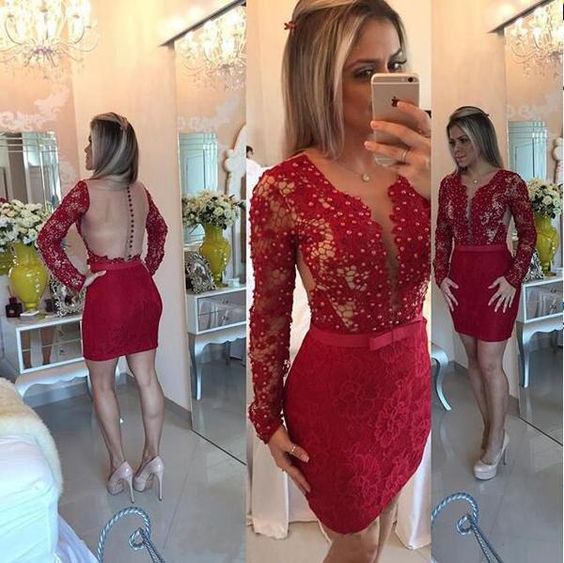 Long Sleeve Scoop Sheath Burgundy Sheer Back Homecoming Dresses Lace Ellen Beading Short