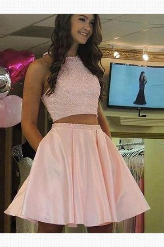 Halter Jewel Sleeveless Homecoming Dresses Angelique Pink A Line Two Pieces Satin Pleated