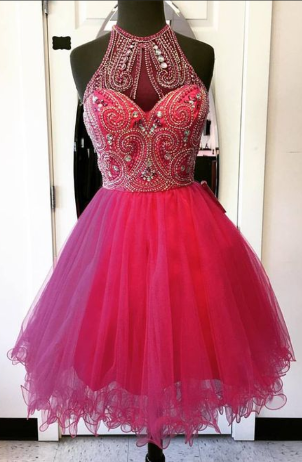 Sleeveless Fuchsia Halter Homecoming Dresses Lainey A Line Organza Beading Pleated Rhinestone