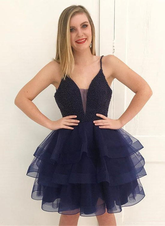 Spaghetti Straps Deep V Neck Ball Anna Homecoming Dresses Gown Tiered Dark Navy Organza