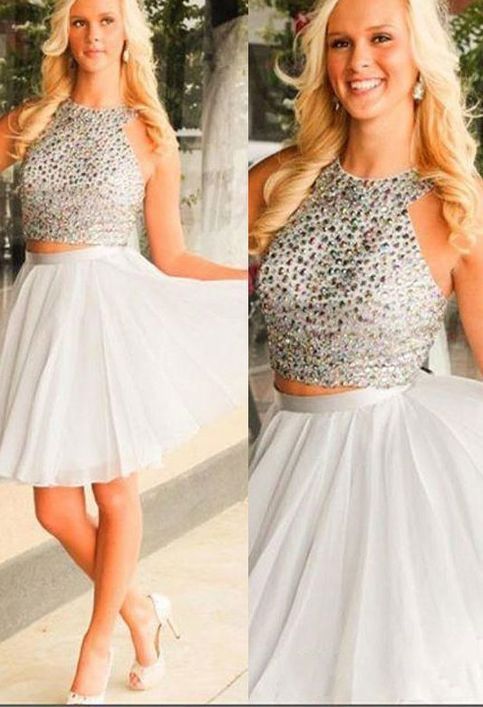 Homecoming Dresses Kiara Chiffon Two Pieces A Line Halter Sleeveless White Beading