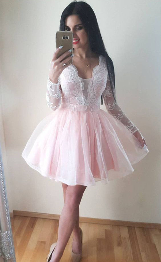 Long Sleeve Sheer Tulle Pleated Short Deep Homecoming Dresses Lace Pink Trinity V Neck Exquisite