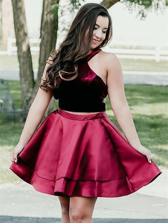 Halter Homecoming Dresses Ariana Satin Two Pieces Sleeveless Burgundy Pleated Short