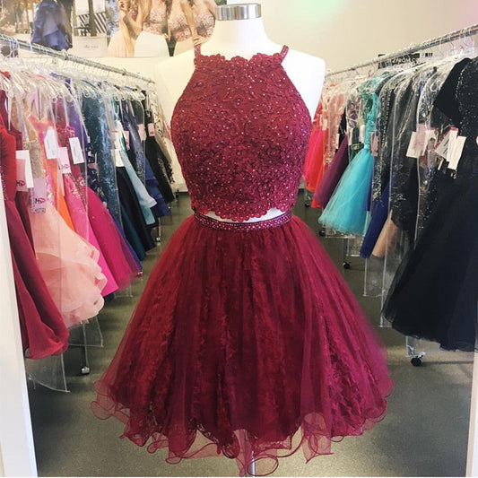 Burgundy Homecoming Dresses Two Pieces A Line Ella Lace Halter Sleeveless Appliques Organza