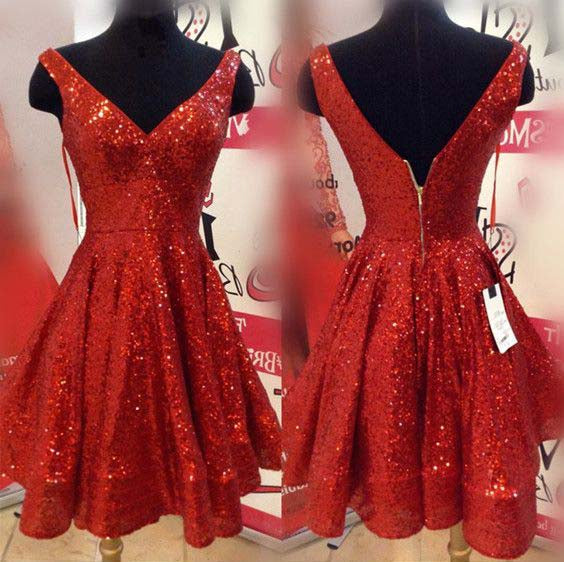 V Homecoming Dresses Emily A Line Neck Sleeveless Backless Pleated Sequins Red Sparkle