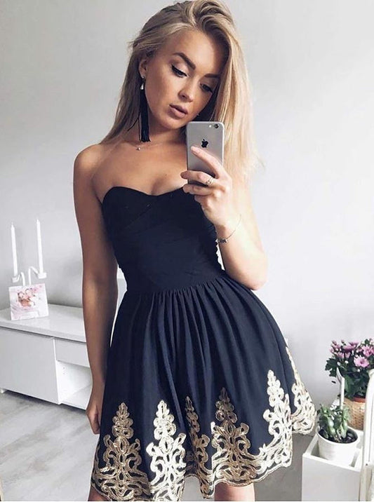 Strapless Appliques Pleated Backless Lorna Satin A Line Homecoming Dresses Sexy Sweetheart Black