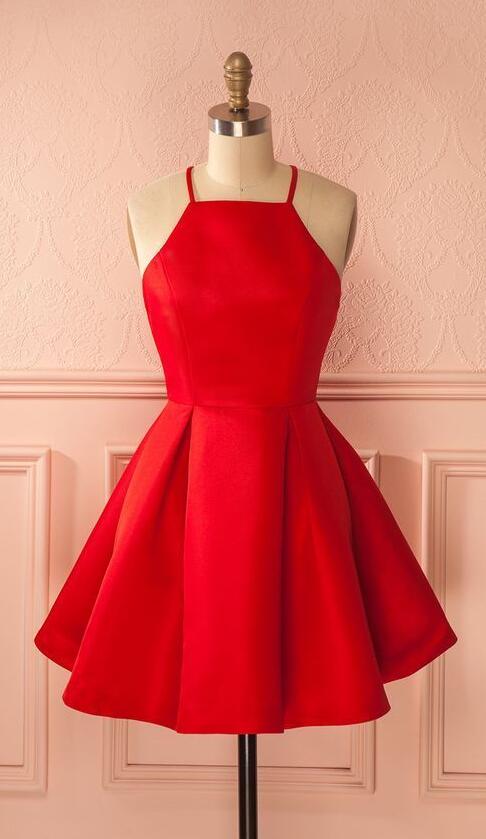 Sleeveless Red Halter Homecoming Dresses Satin Ann A Line Spaghetti Straps Pleated Short