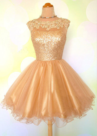 Hana A Line Homecoming Dresses Cap Sleeve Jewel Appliques Sequins Sheer Gold Organza Backless