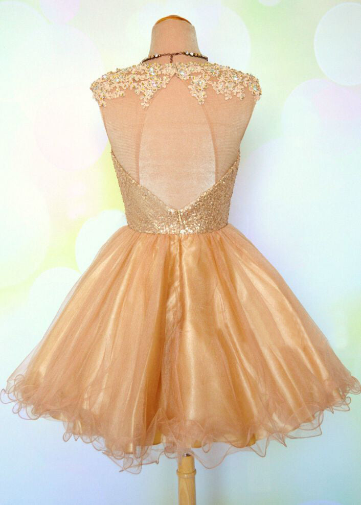 Hana A Line Homecoming Dresses Cap Sleeve Jewel Appliques Sequins Sheer Gold Organza Backless