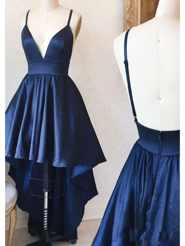 High Low Navy A Line Jaelyn Satin Homecoming Dresses Blue Deep V Neck Spaghetti Straps Backless