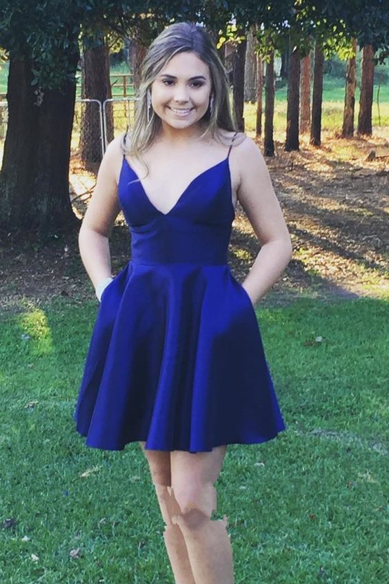 Deep V A Line Satin Raelynn Homecoming Dresses Royal Blue Neck Spaghetti Straps Pleated Sexy Short