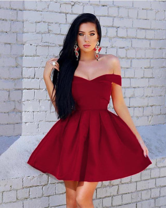 Off The Shoulder Pleated Sweetheart Short Homecoming Dresses Satin A Line Raquel Elegant