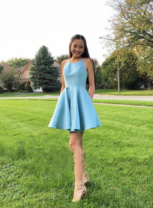 Halter Satin Homecoming Dresses Brianna A Line Sleeveless Blue Simple Pleated Short