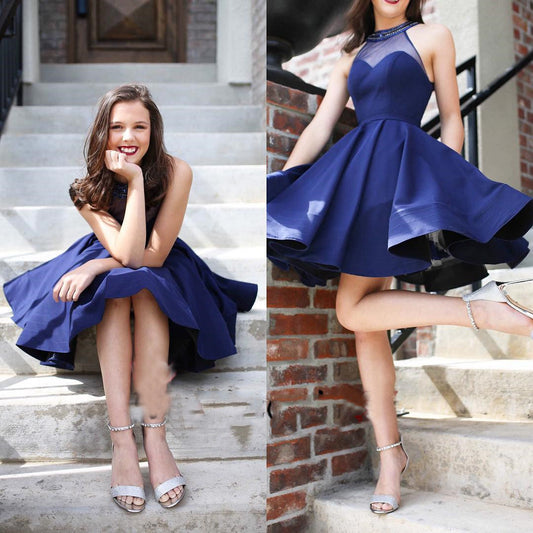 Halter See Through Navy Blue A Line Satin Delaney Homecoming Dresses Pleated Short Sleeveless