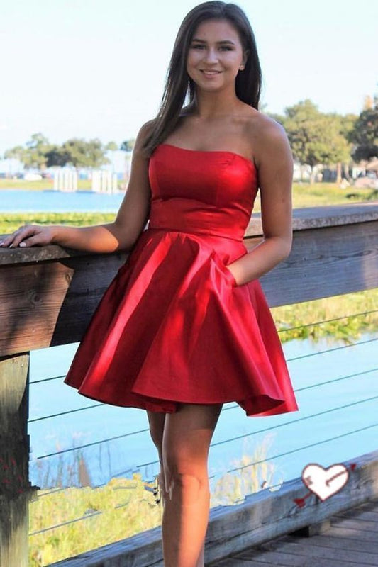 Strapless Sweetheart Pleated Sexy Mireya Satin A Line Homecoming Dresses Short Simple