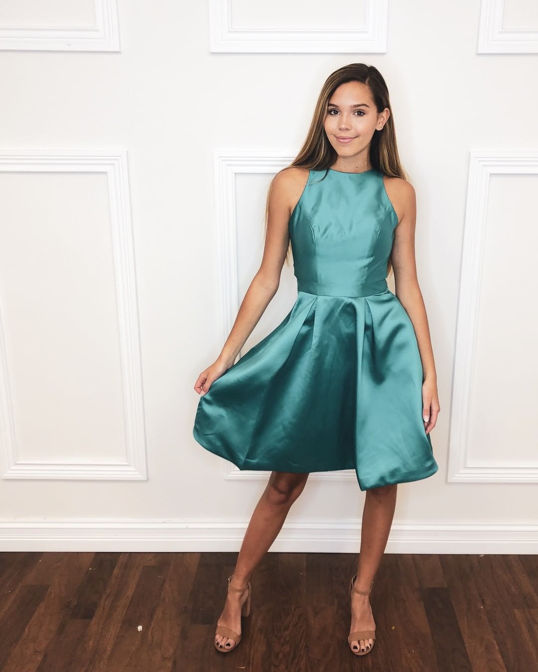 Halter Pleated A Line Homecoming Dresses Dana Satin Jade Sleeveless Knee Length