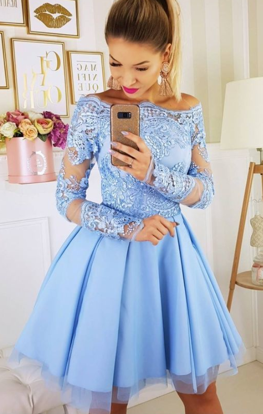 Long Sleeve Off The Shoulder Appliques Skyler Homecoming Dresses Lace A Line Pleated Tulle Short