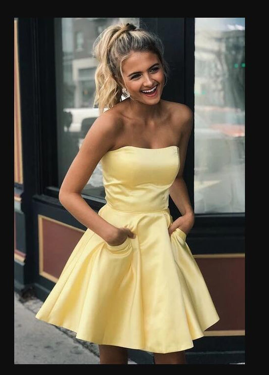 Strapless Sweetheart Light Yellow Pockets Genevieve A Line Satin Homecoming Dresses Pleated Short