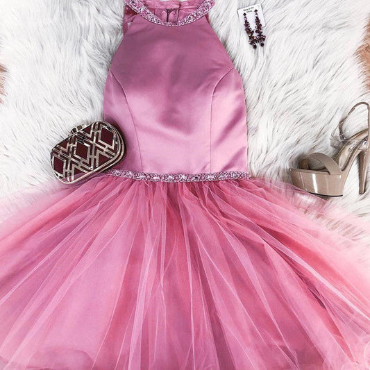 Halter Tulle Sleeveless Short Pleated Homecoming Dresses A Line Gertie Pink Simple Beading