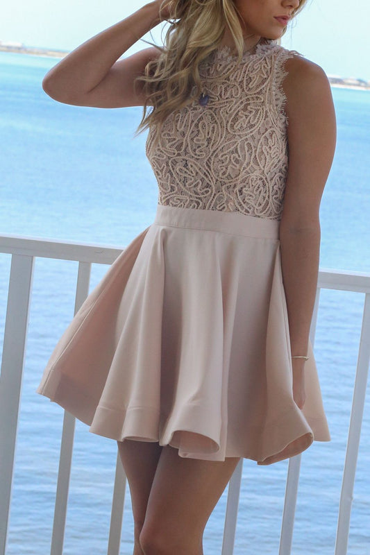 Sleeveless Short Homecoming Dresses A Line Annalise Lace Satin Ivory Halter Pleated