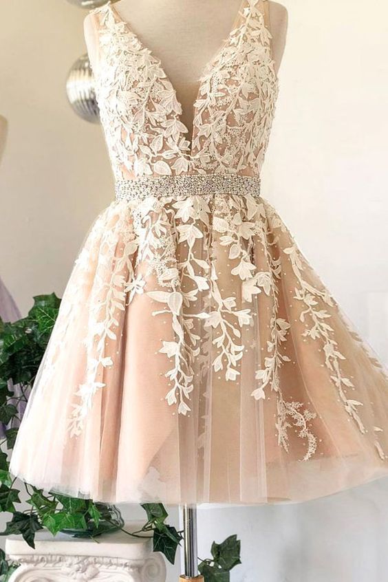 Deep V Neck Sleeveless Anabelle A Line Lace Homecoming Dresses Ivory Tulle Appliques Pleated