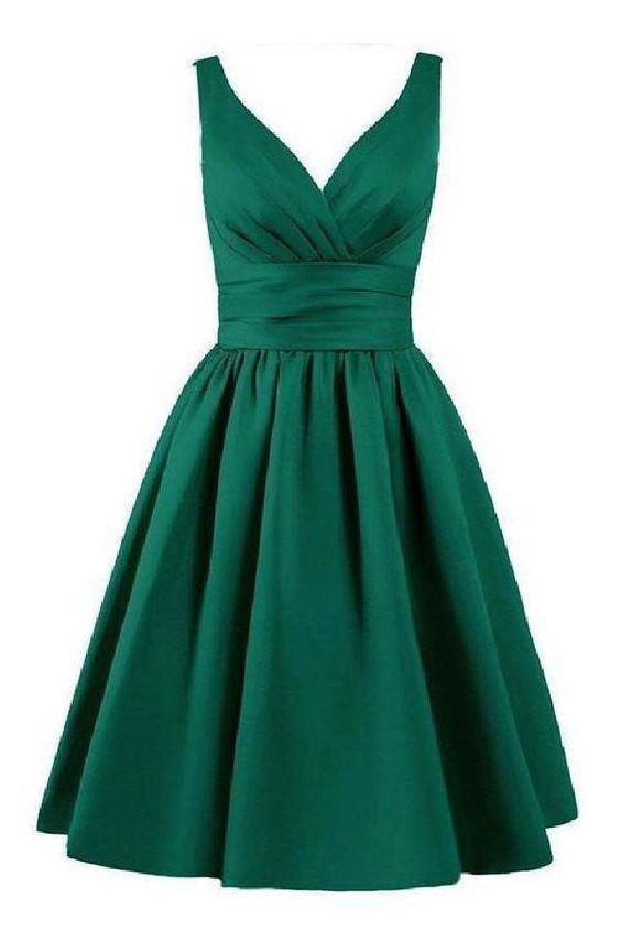 Sleeveless Pleated Hunter Gertrude A Line Homecoming Dresses Satin Ruched V Neck Elegant