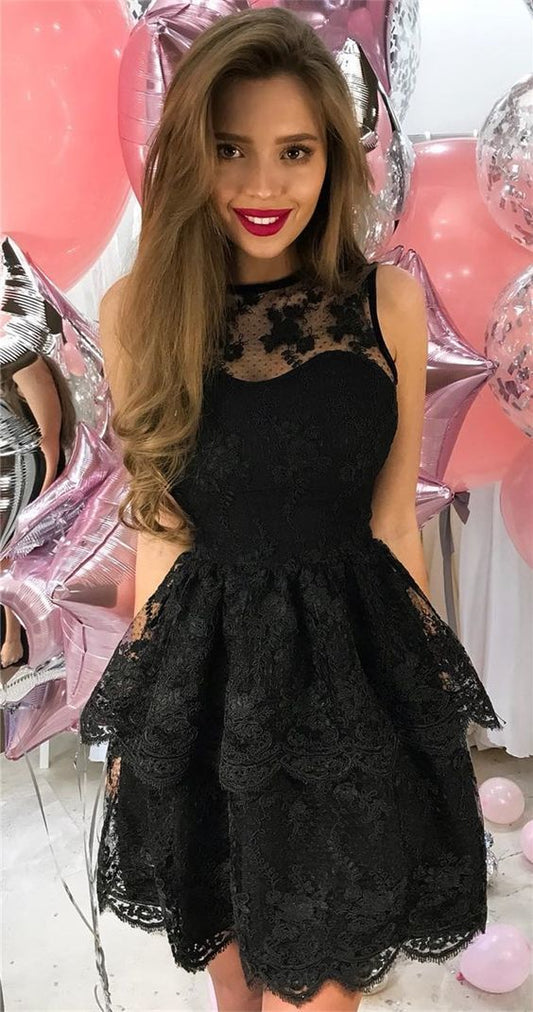 Sheer Halter Sleeveless Tiered Taylor Homecoming Dresses A Line Lace Black Flowers Short