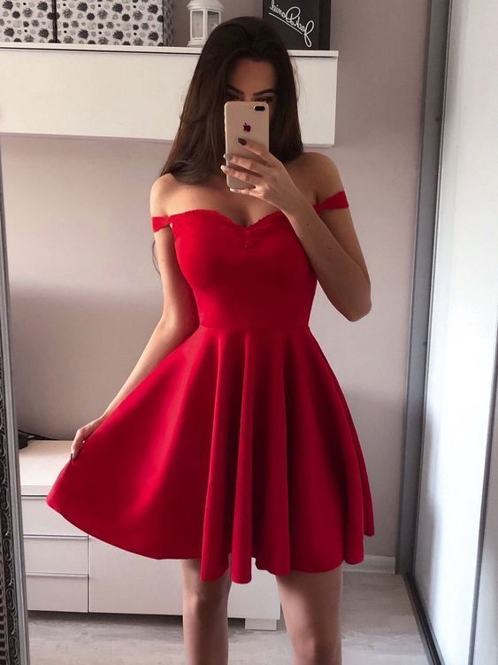 Red Off The Shoulder Homecoming Dresses Kristin Satin A Line Sweetheart Pleated Short