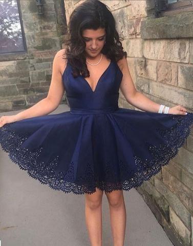 Sleeveless Deep V Homecoming Dresses Lace A Line Satin Madilyn Neck Pleated Navy Blue Sexy